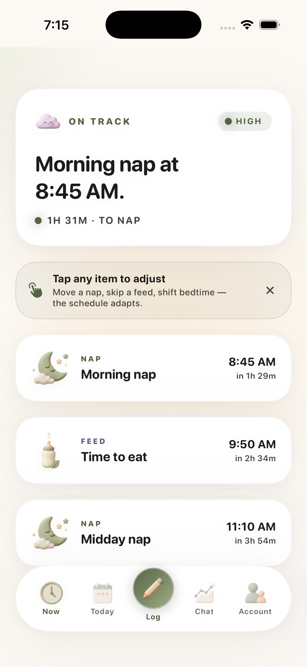 Nurture now screen with schedule